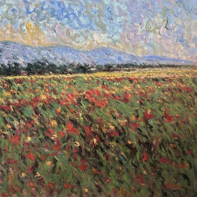 SAMIR SAMMOUN - Field of Poppies - Unique Overpaint on Canvas - 30x30 inches