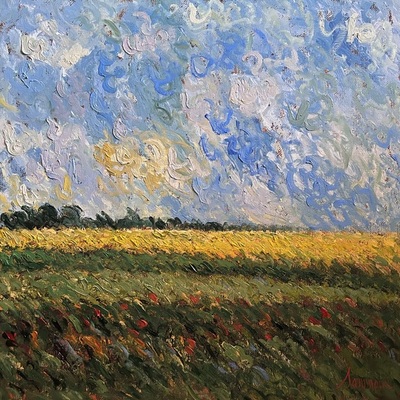 SAMIR SAMMOUN - Mustard Field - Unique Overpaint on Canvas - 30x30 inches