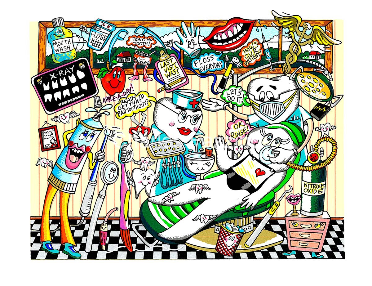 CHARLES FAZZINO - A Dose of Dental Hyjinx - 3-D Serigraph - 7.5" x 9.5" inches