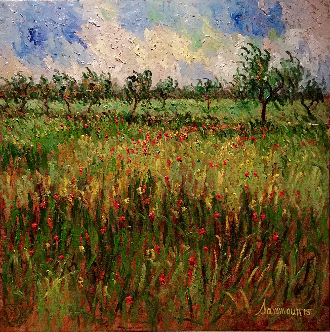 SAMIR SAMMOUN - Young Olive Trees and Poppies - Oil on Canvas - 40x40 inches