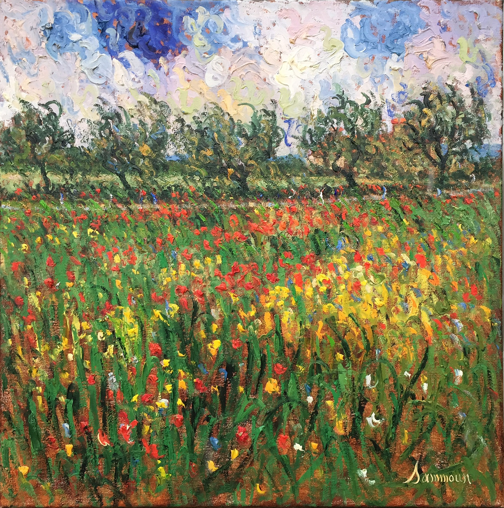 SAMIR SAMMOUN - Farm House, Olive Trees & Poppies - Oil on Canvas - 30 x 30 inches