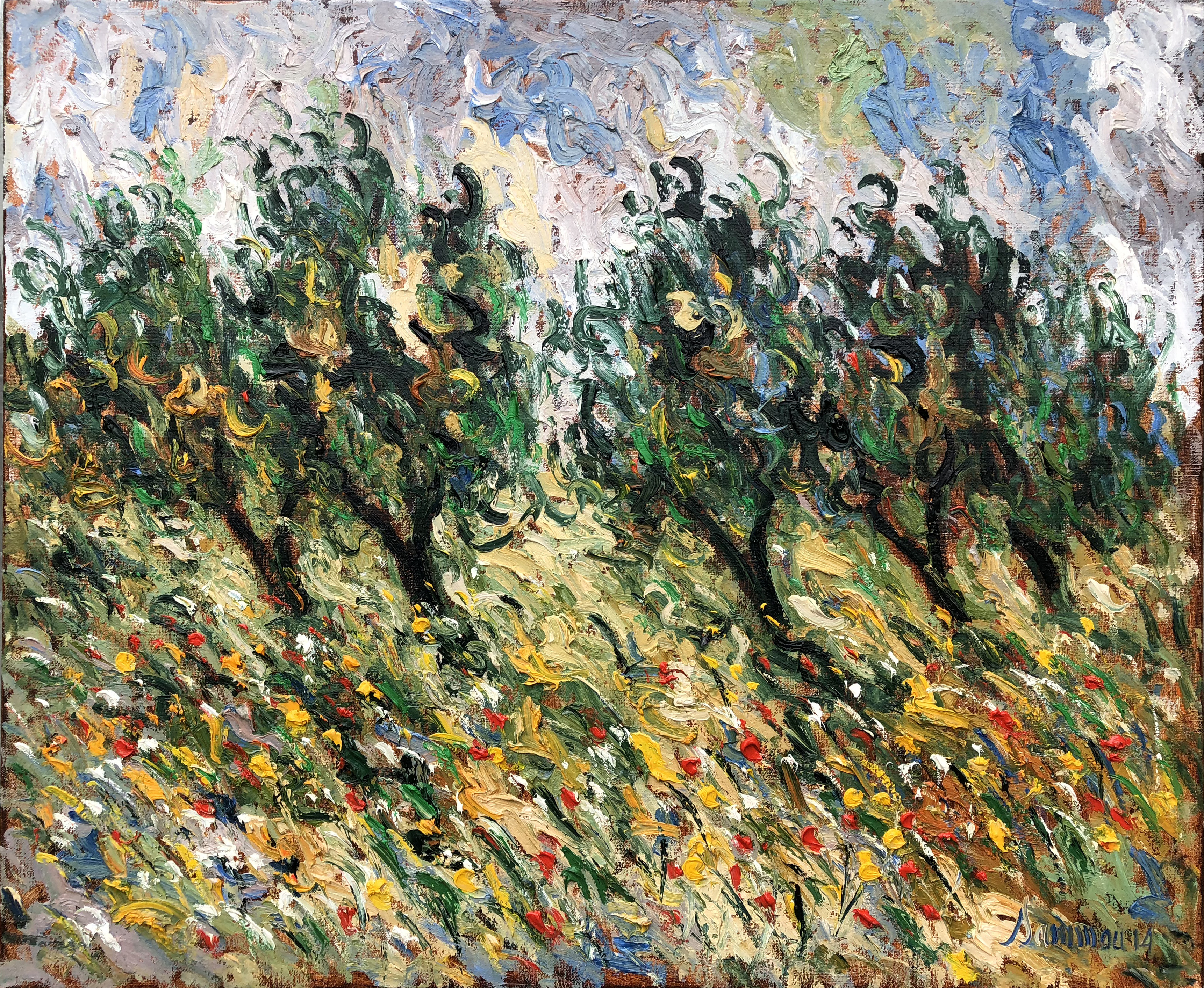 SAMIR SAMMOUN - Young Olive Trees & Poppies - Oil on Canvas - 30 x 36 inches