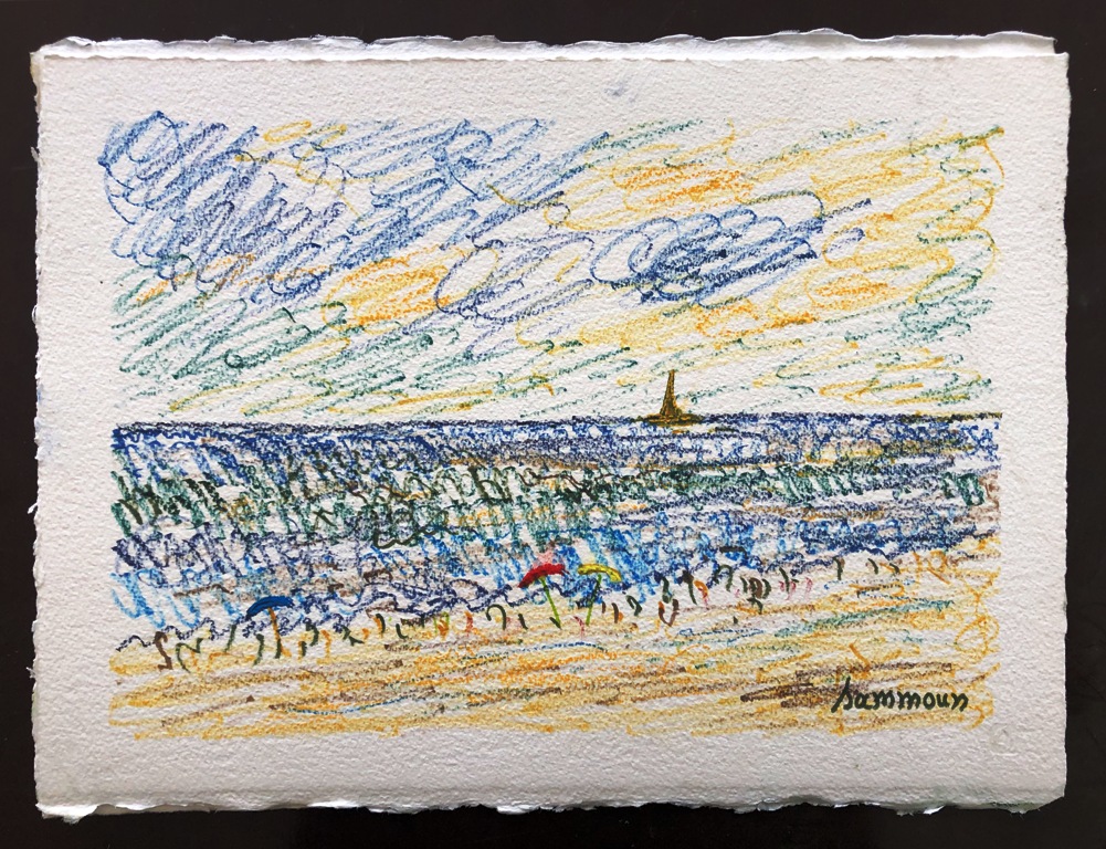 SAMIR SAMMOUN - The Beach - Watercolor Pastel on Paper - 13x9.5 inches