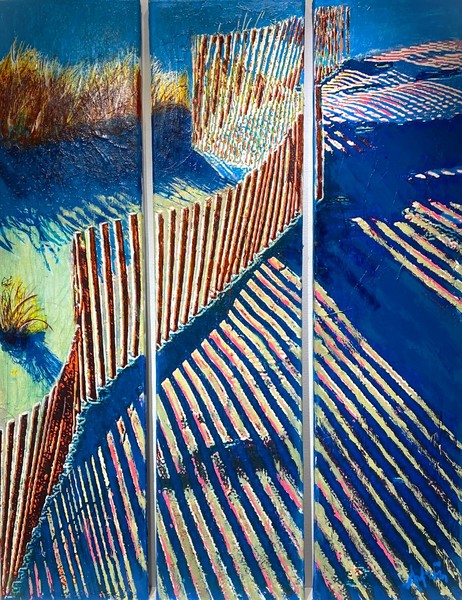 AUTUMN de FOREST - Twilight Fences Triptych - Acrylic on Canvas - 48x12 inches