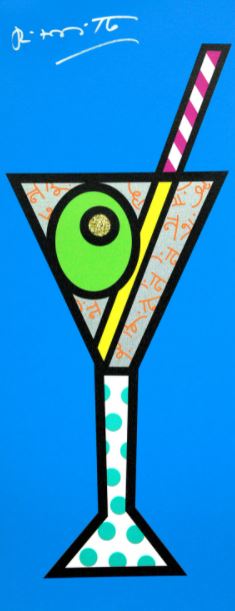 ROMERO BRITTO - Blue Martini - Embellished Giclee on Canvas - 25x10 inches