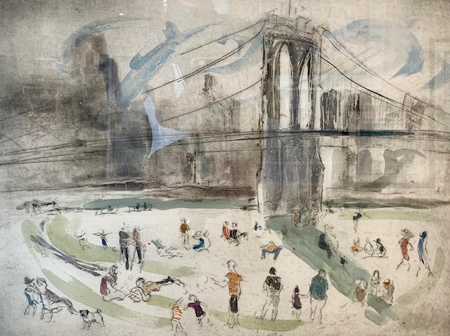 HELEN FRANK - Brooklyn Bridge Park - Hand Colored Etching - 18 x 24 inches