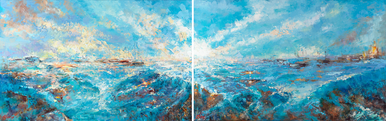 ELENA BOND - Rolling Tides Diptych - Oil on Canvas - 30x96 inches