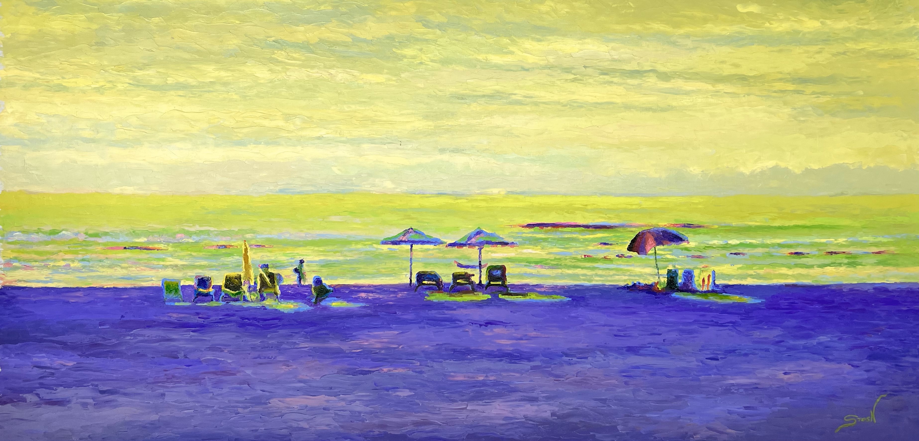 STAS NAMIN - Beach Umbrellas - Oil on Canvas - 24x48 inches