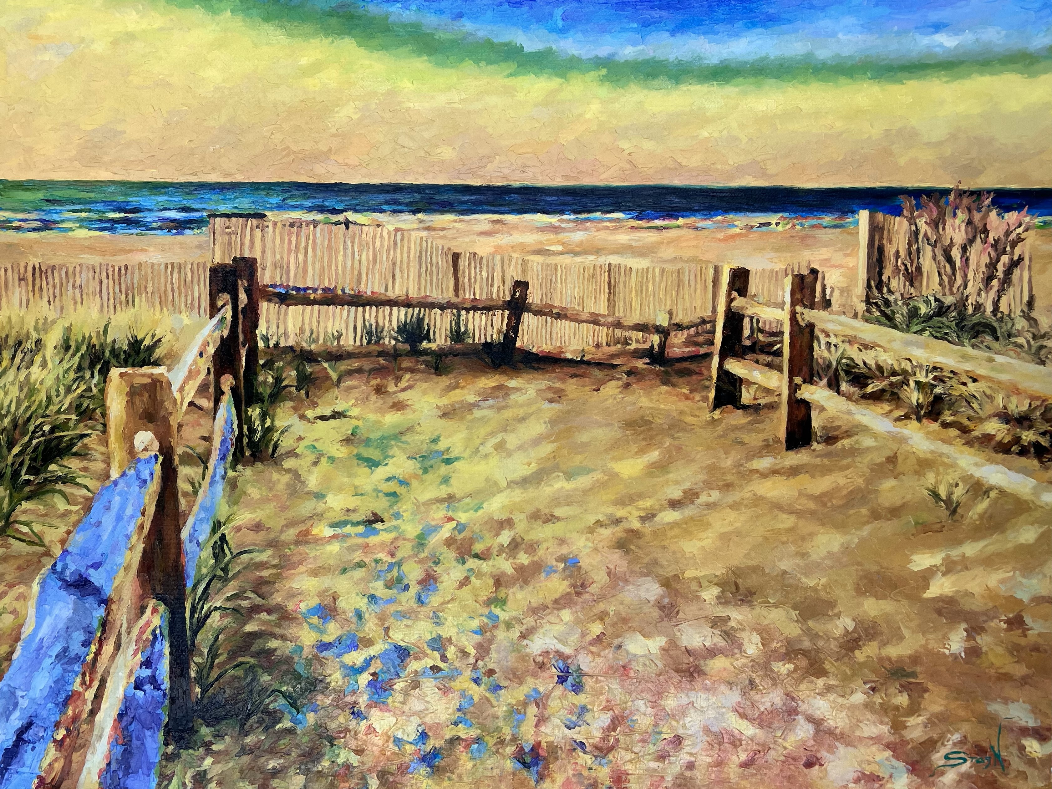 STAS NAMIN - Beach Fence - Oil on Canvas - 36x48 inches