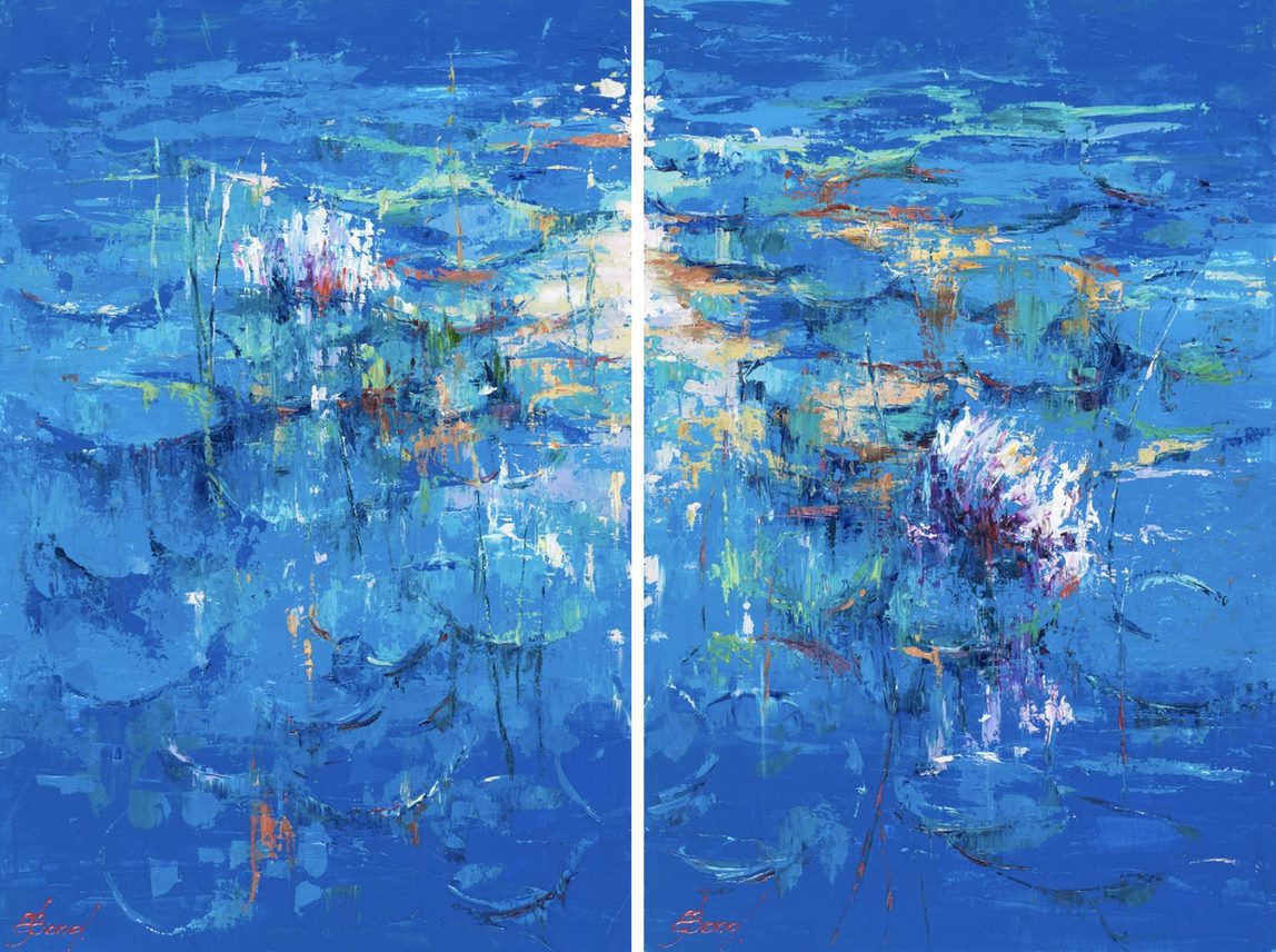 ELENA BOND - Glimmering Lily Pond Diptych - Oil on Canvas - 36x48 inches