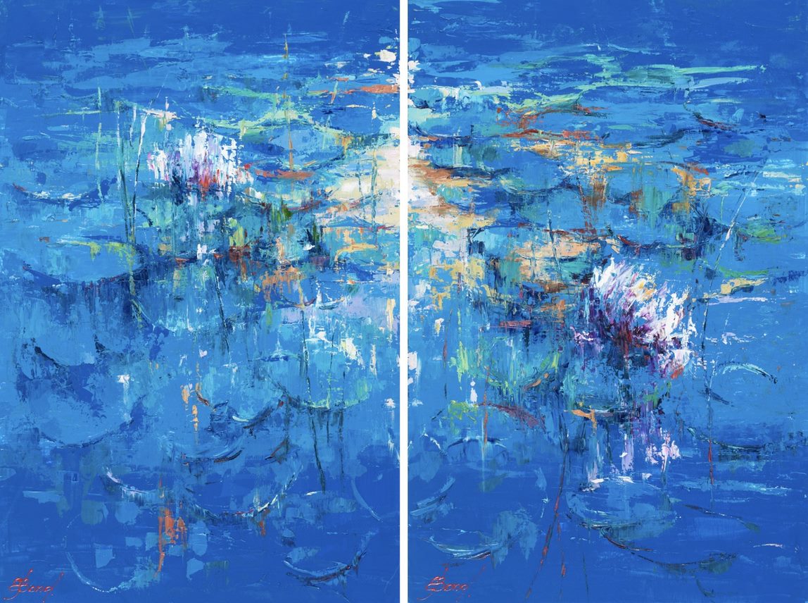 ELENA BOND - Glimmering Lily Pond Diptych - Oil on Canvas - 36x48 inches