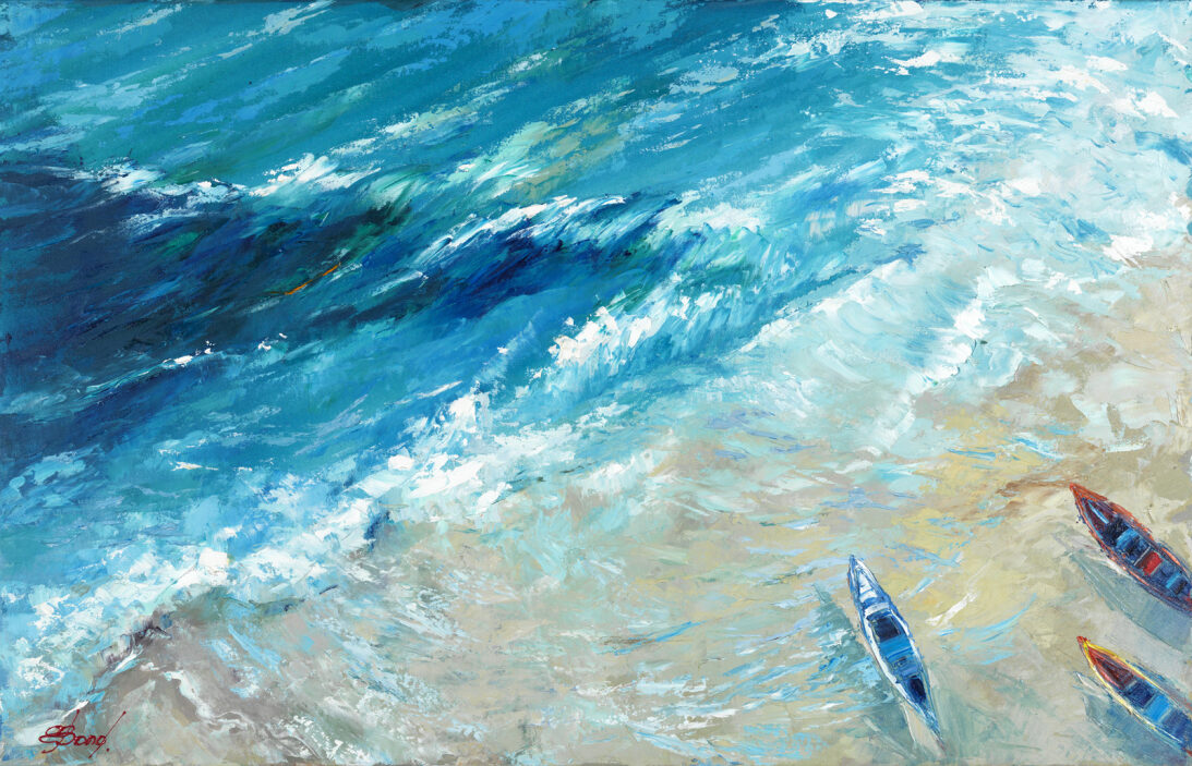ELENA BOND - Kayaks Rising - Mixed Media Canvas - 30x48 inches