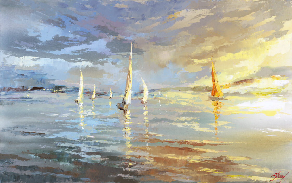 ELENA BOND - Peaceful Sailing - Mixed Media Canvas - 20x32 inches
