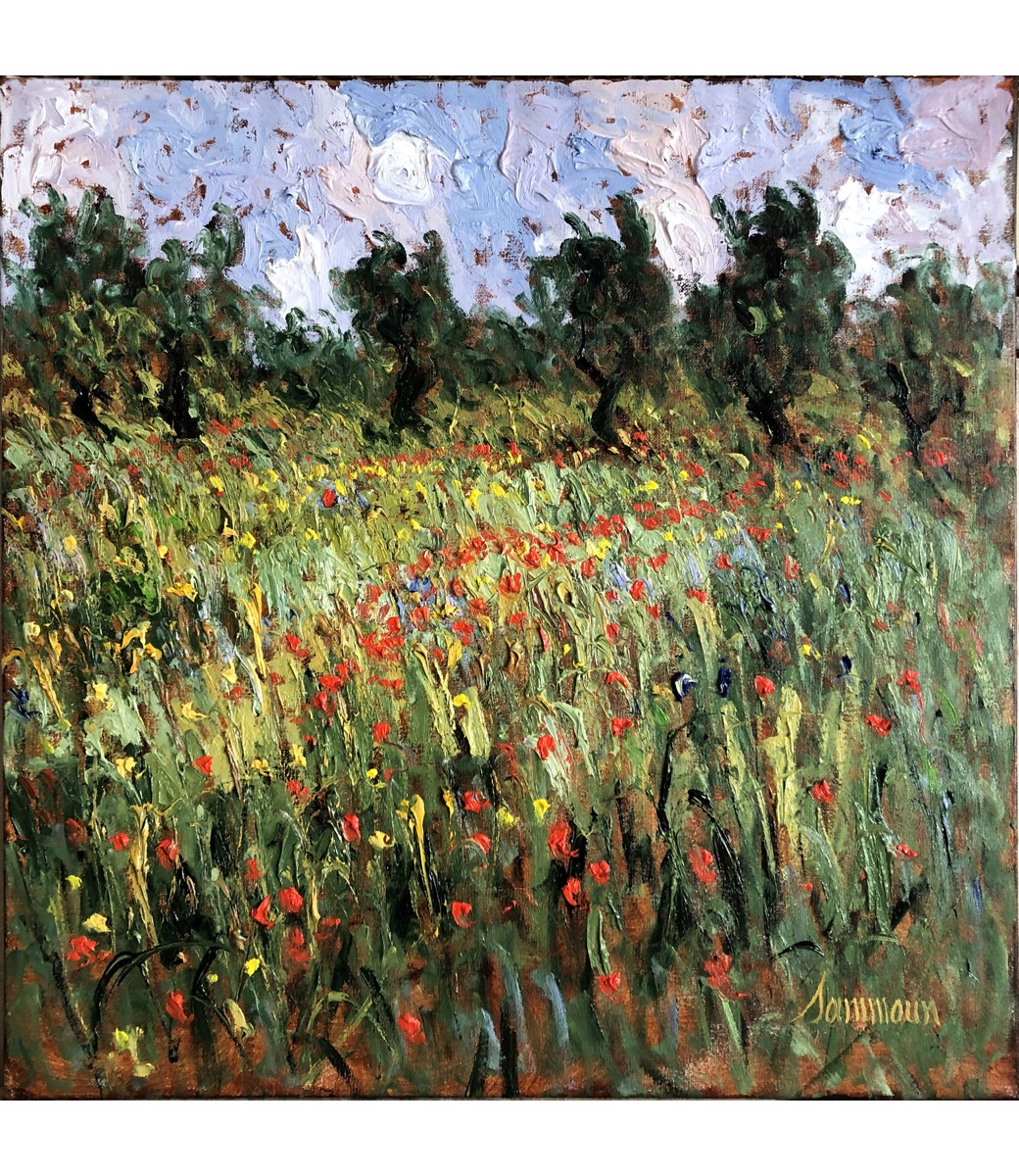 SAMIR SAMMOUN - Jeunes Oliviers et Coquelicots - Oil on Canvas - 24 x 24 inches