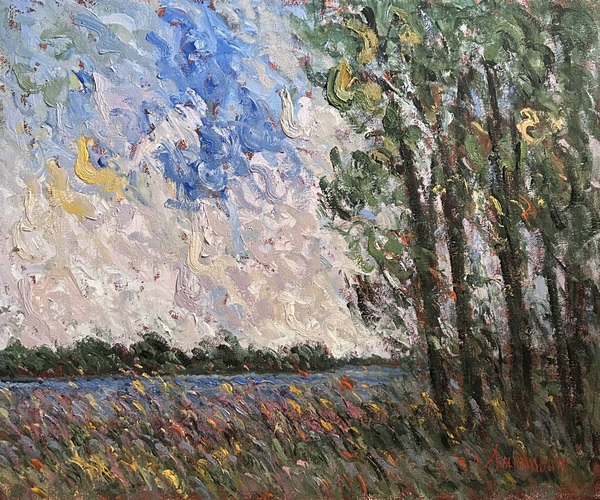 SAMIR SAMMOUN - Wildflowers At The Lake - Unique Overpaint on Canvas - 20x24 inches