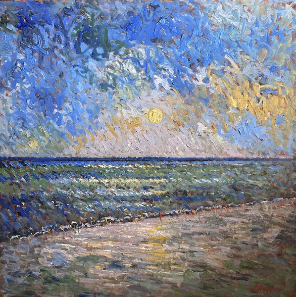 SAMIR SAMMOUN - Sunrise on the Beach - Unique Overpaint on Canvas - 40x40 inches