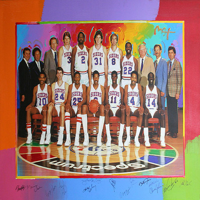 PETER MAX - Original 76ers Team - Acrylic on Canvas - 32 x 44  inches - Peter Max/ Philadelphia 76ers/ Ocean Galleries
<br>After two very successful art exhibitions at Ocean Galleries in Stone Harbor NJ, Peter Max was looking for a way to give something back as a way to say thank you.
<br>This was 2002 and at that time Dave Coskey, (a resident of Avalon, NJ and friend of Josh & Kim Miller) was the Vice President of the 76ers under Pat Croce. Dave and Josh began talking and came up with the idea of Peter painting the team photo of the 1982-83 Championship team and making prints from the original painting. The prints were then going to be signed by all of the players and sold. The proceeds were to benefit Sixers charities. There were a total of 80 prints made and 40 went to the Sixers, 30 went to Peter Max and 10 were allotted for Ocean Galleries. 
<br>At this time, Maurice Cheeks was the head coach of the Portland Trailblazers and were playing the 76ers in a home game. The arrangements were made for Josh & Kim Miller to bring the prints to the arena, the players from the championship team had dinner with the Millers and at that time the prints were signed by all of the players, the coaching  staff and trainers. The former owner, Harold Katz was also there and signed the prints. 
<br>At half time of the game, Mo Cheeks ran in and signed his name to all 80 copies.
<br>The Sixers sold all of their prints on the concourse in the arena before home games. Several were given away to VIP's and a few of the key players like Dr. J and Moses Malone.
<br>This is a very special print created by one the most famous Pop artists of all time.