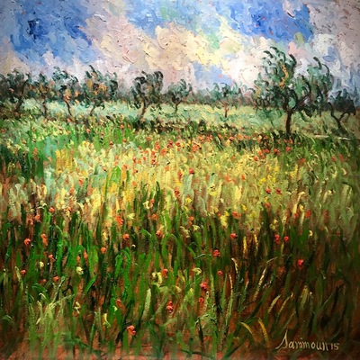 SAMIR SAMMOUN - Olive Trees and Poppy Fields - Oil on Canvas - 40x40 inches