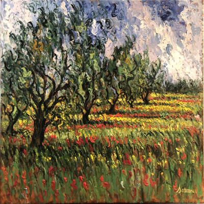 SAMIR SAMMOUN - Olive Grove and Poppies - Oil on Canvas - 30 x 40 inches