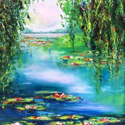 JANE SEYMOUR - Water Lily Pad Reflections - Oil on Canvas - 30x22 inches