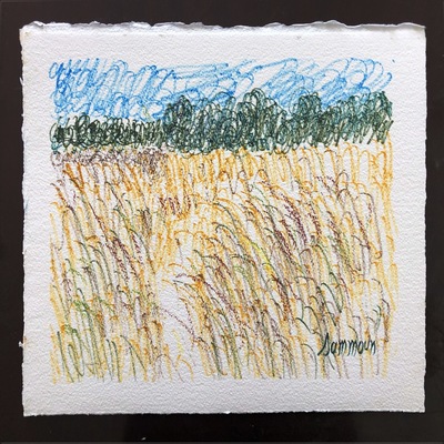 SAMIR SAMMOUN - Wheat Field and Olive Grove - Watercolor Pastel on Paper - 13x9.5 inches
