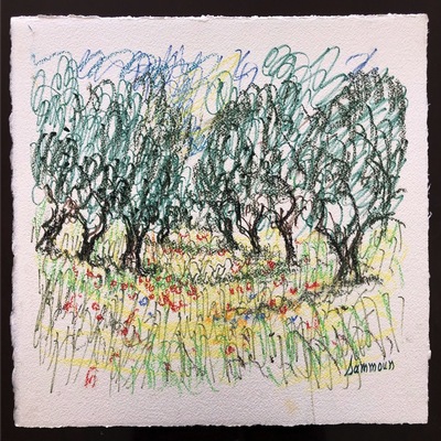 SAMIR SAMMOUN - Olive Grove and Poppies - Watercolor Pastel on Paper - 19x13 inches