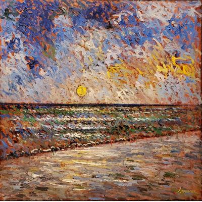 SAMIR SAMMOUN - Sunrise on the Beach - Oil on Canvas - 40x40 inches