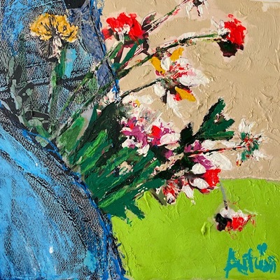 AUTUMN de FOREST - Pocketful of Posies (Blue Green) - Acrylic on Canvas - 20 x 20 inches