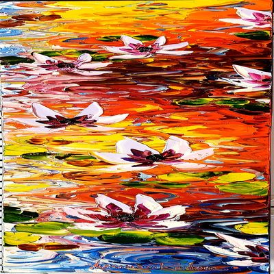 ALEXANDRE RENOIR - Lillies in the Light - Oil on Canvas - 12x36 inches