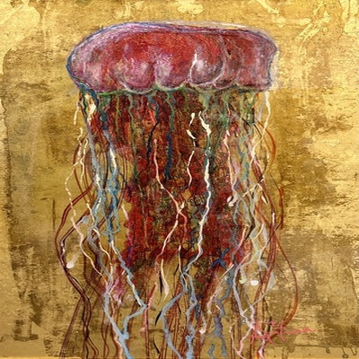 AUTUMN de FOREST - Golden Jellyfish - Mixed Media on Panel - 32x20 inches
