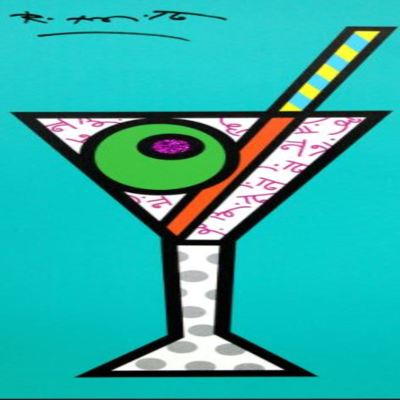 ROMERO BRITTO - Turquoise Martini - Embellished Giclee on Canvas - 25x10 inches