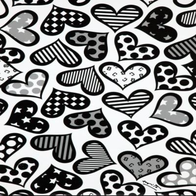 ROMERO BRITTO - Hearts Black & White - Embellished Giclee on Canvas - 32x20 inches