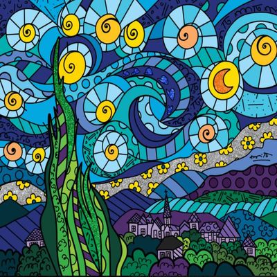 ROMERO BRITTO - My Starry Night - Giclee on canvas w/ diamond dust & hand embellishments - 30x36 inches