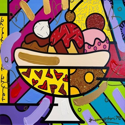 ROMERO BRITTO - Banana Split - Acrylic, Oil Pen and Diamond Dust - 18x22 inches