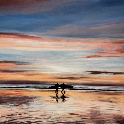LOIS MANTAK - Sunrise Surfers - Acrylic on Canvas - 24x36 inches