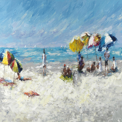 ELENA BOND - Beach Day Reunion - Mixed Media on Canvas - 30x60 inches