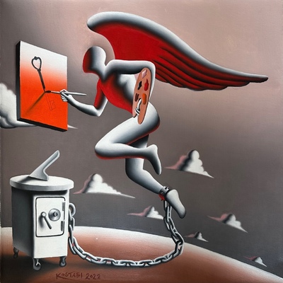 MARK KOSTABI - Escape Artist - Oil on Canvas - 17x17 inches - Angels are a symbol of freedom and goodwill.
<br>This particular angel is chained to a safe, which acts as a sundial clock and creates an illusion to time and eternity. 
<br>This angel is an artist and knows how to escape using his imagination in painting the key that will set him free.
<br>He only has one wing and in search of a female angel who also only has one wing – the only way they can truly fly… is together.