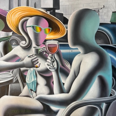 MARK KOSTABI - Going Nowhere Slowly - Oil on Canvas - 28x28 inches