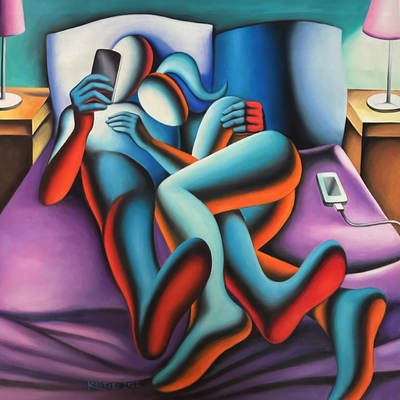 MARK KOSTABI - Keeping Warm - Oil on Canvas - 39x39 inches