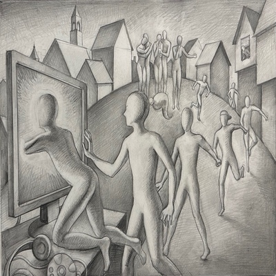 MARK KOSTABI - Computer of Hamelin - Pencil on Paper - 13x14.5 inches