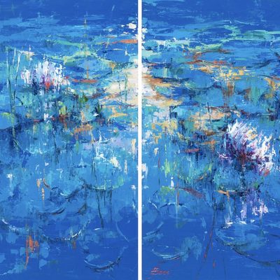 ELENA BOND - Glimmering Lily Pond Diptych - Oil on Canvas - 36x48 inches