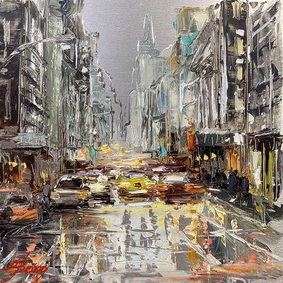ELENA BOND - Uptown Chase - Oil on Metal Panel - 12x12 inches