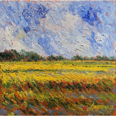 SAMIR SAMMOUN - Champ de moutarde et Coquelicots - Oil on Canvas - 16 x 16 inches