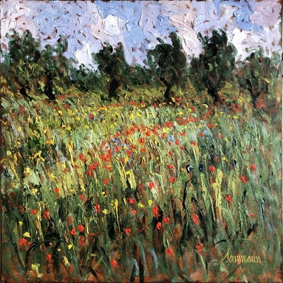 SAMIR SAMMOUN - Jeunes Oliviers et Coquelicots - Oil on Canvas - 24 x 24 inches