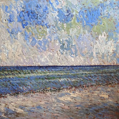 SAMIR SAMMOUN - At the Sea - Unique Overpaint on Canvas - 36x36 inches