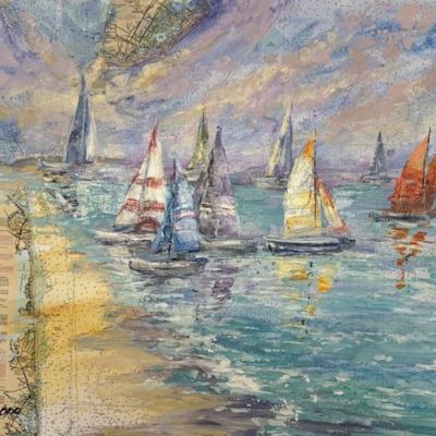 ELENA BOND - Sailing the Shallows - Acrylic on Chart - 20x26 inches