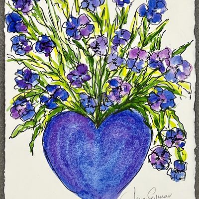 JANE SEYMOUR - Bouquet W/ Open Heart Vase Vl - Original Watercolor with Pen & Ink on Paper - 15.25x 11.25 inches