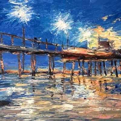 ELENA BOND - By The Pier - Mixed Media Canvas - 24x48 inches