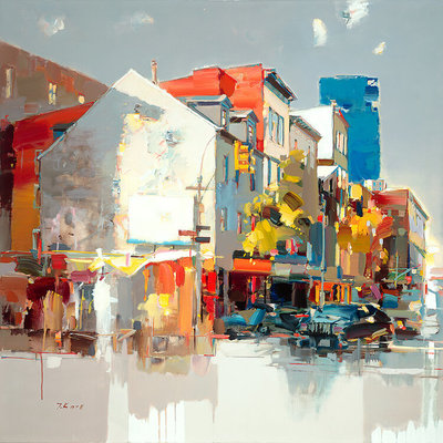 JOSEF KOTE - Springtime in Soho - Embellished Giclee on Canvas - 40 x 40 inches