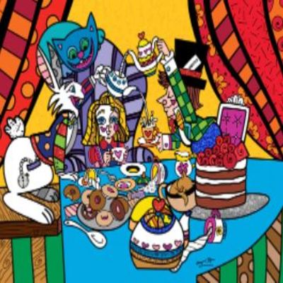 ROMERO BRITTO - Tea Party - Digital Print on Canvas with Embellished Diamond Dust - 30 x 40 inches